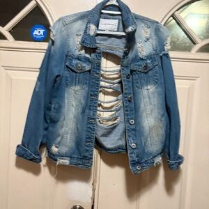 Distressed Light Blue Denim Jacket with Back Cutouts